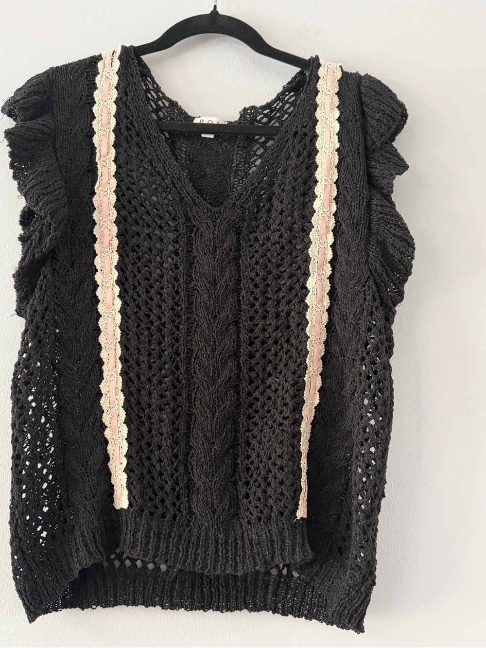 Pol Black Crochet Cable-Knit Sleeveless Sweater with Pink Trim